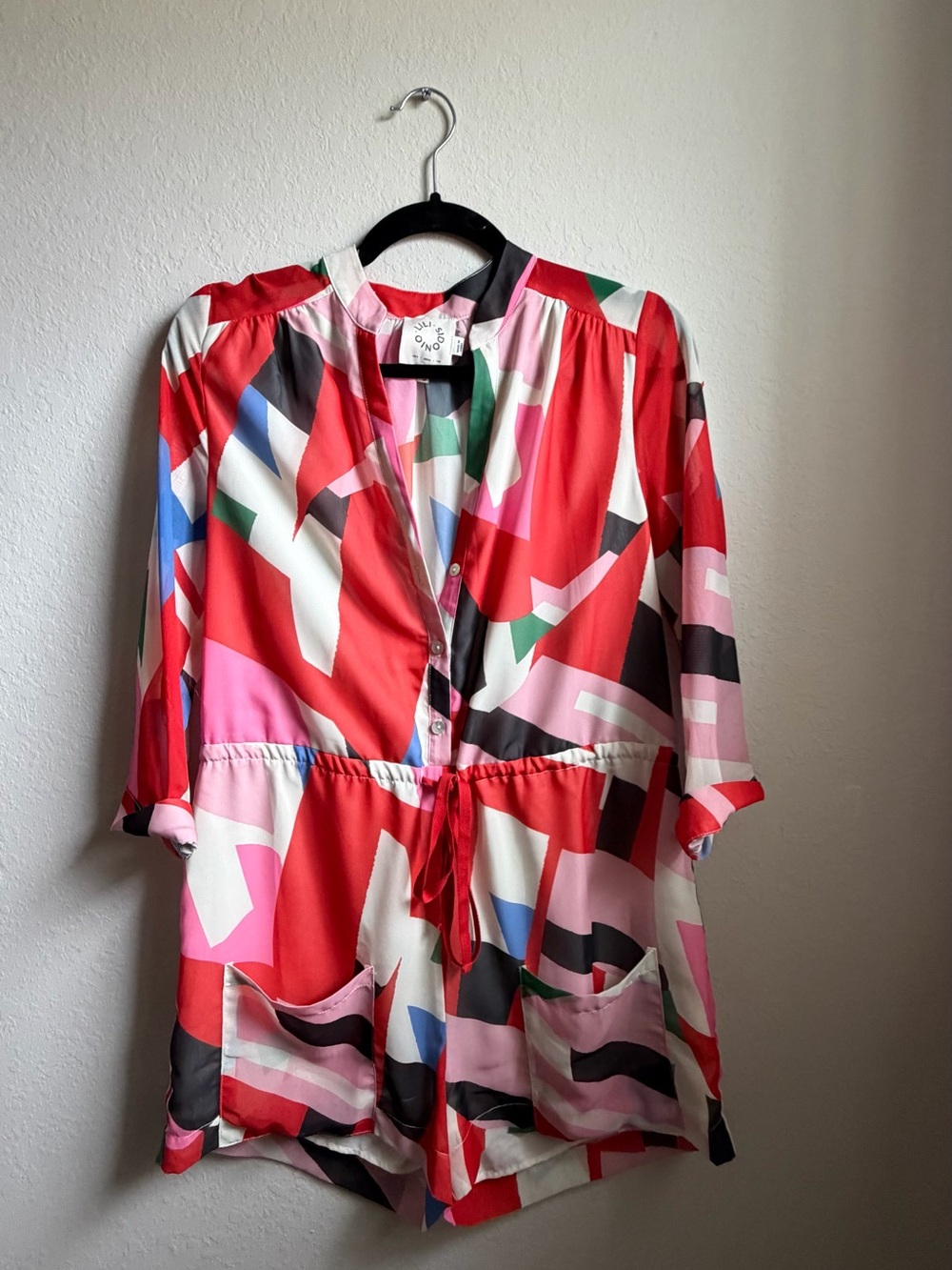 Abstract Red & Pink Drawstring Romper